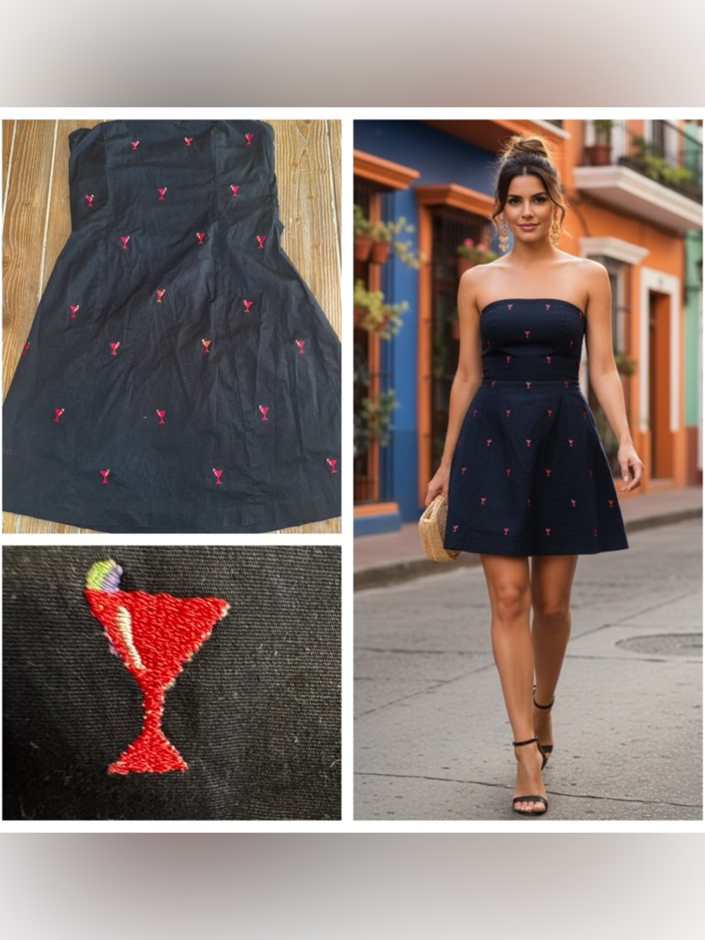 Lilly Pond Strapless Navy Martini Glass Embroidered Fit & Flare Dress